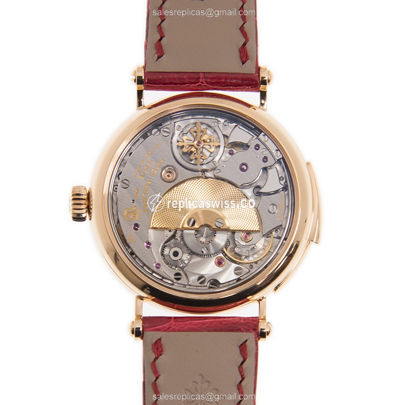 Patek Philippe 7000/50R-001 RARE HANDCRAFTS - Auto 18kt Rose Gold Case - Gold Dial - Red Alligator Strap - Buckle Clasp - View 3
