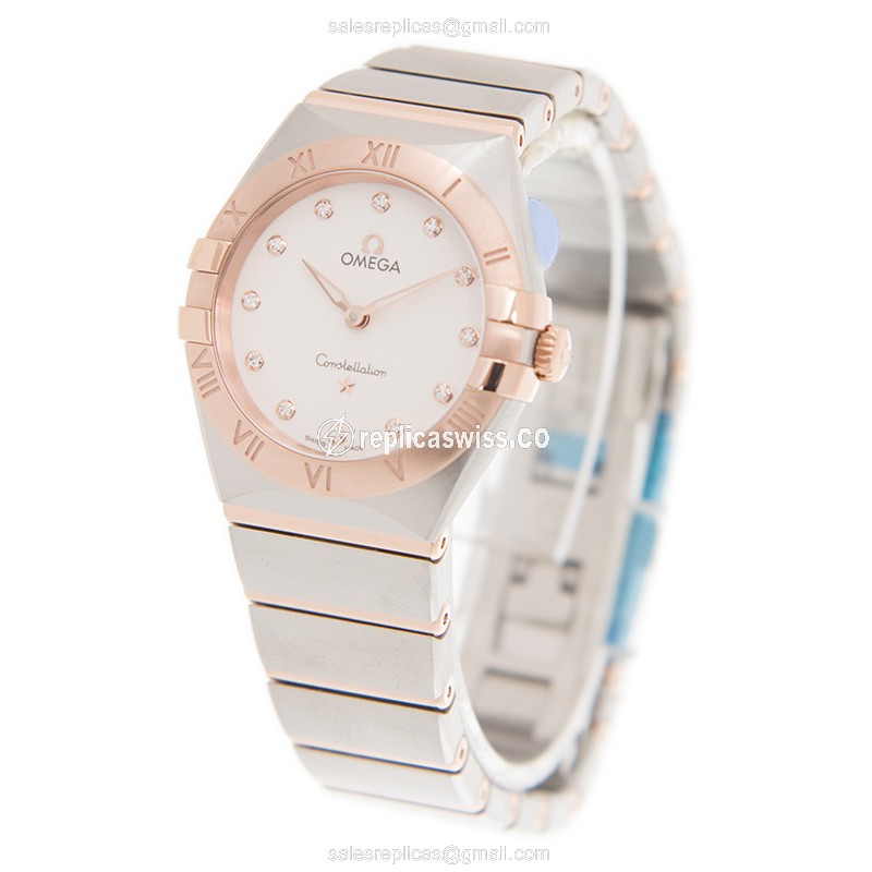 Omega Constellation Replica - Quartz - 18kt Rose Gold Case - Silver Dial - Gold Steel Strap - View 3