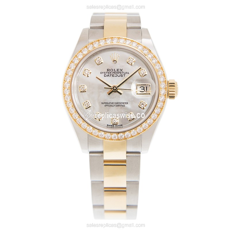 Rolex Lady Datejust Replica - Automatic - 18kt Gold & Diamond - White Dial, Gold Strap - View 2