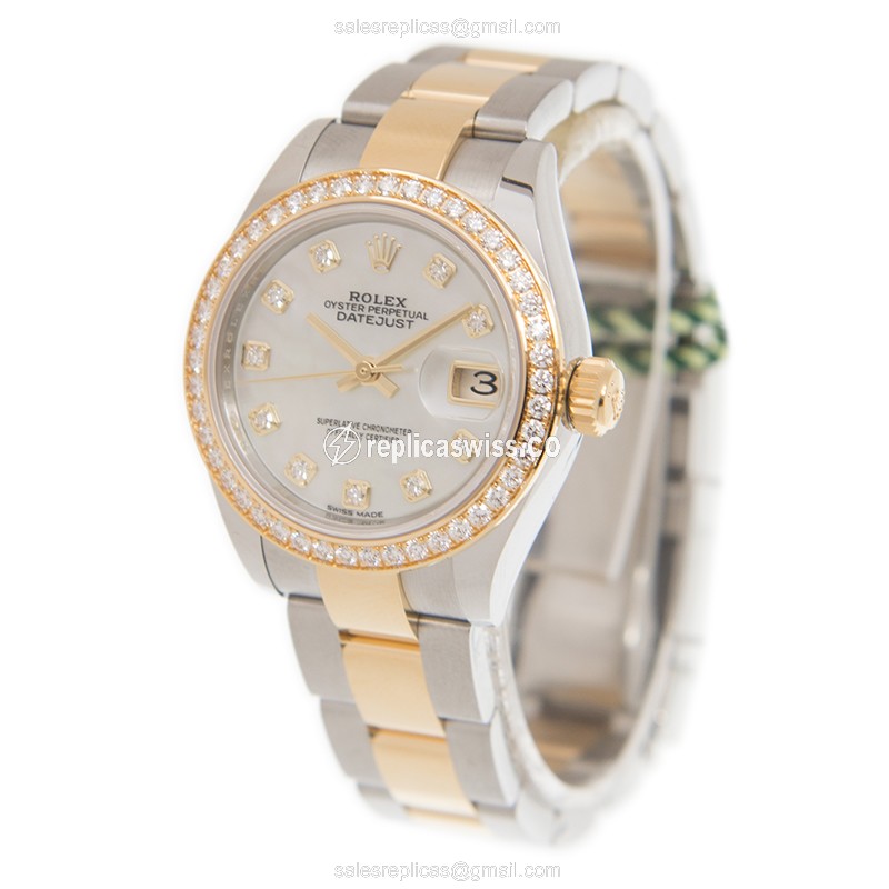 Rolex Lady Datejust Replica - Automatic - 18kt Gold & Diamond - White Dial, Gold Strap - View 3