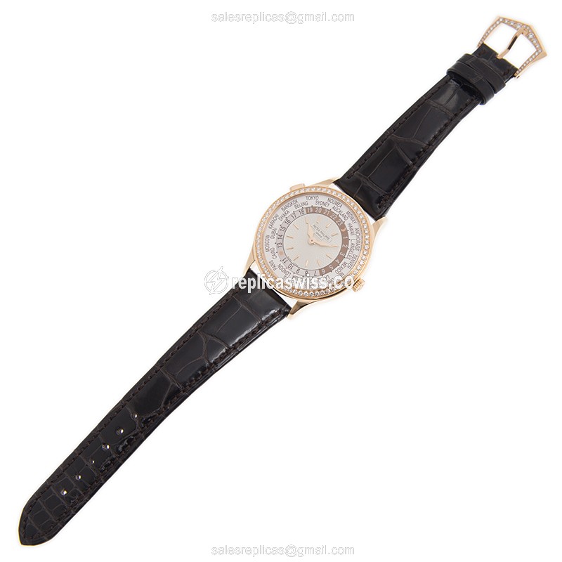 Patek Philippe 7130R-013 Replica - Auto - 18kt Rose Gold - Diamond - White Dial - Brown Leather Buckle - View 2