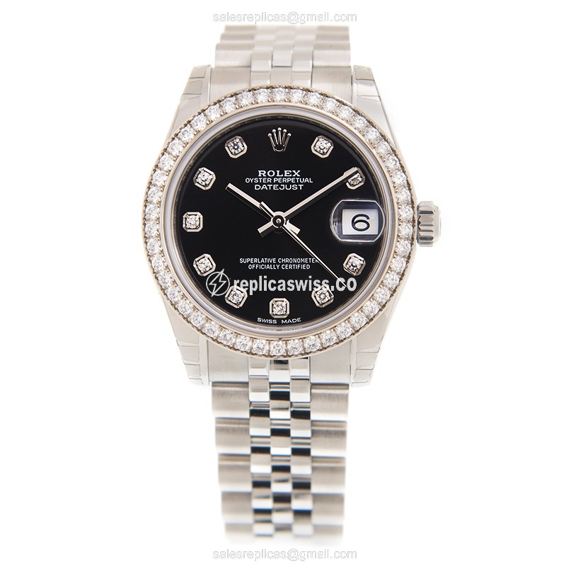 Rolex Datejust Replica - Automatic - 18kt White Gold - Diamond Bezel - Black Dial on Silver Steel Bracelet - View 2