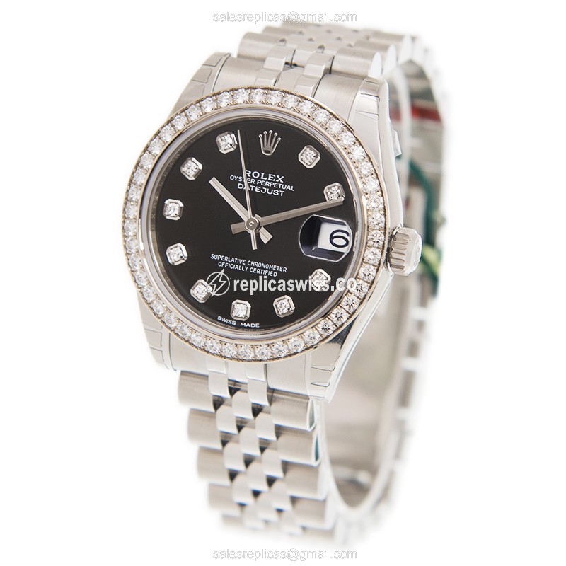 Rolex Datejust Replica - Automatic - 18kt White Gold - Diamond Bezel - Black Dial on Silver Steel Bracelet - View 3