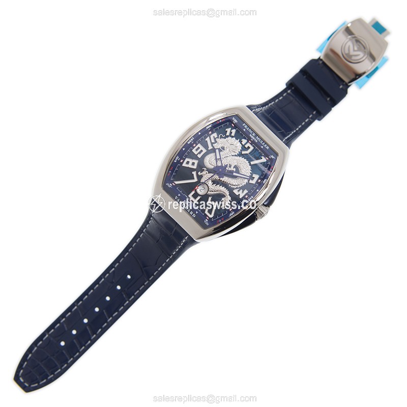 Franck Muller V 45 SC DT DRAGON KING AC.BL Vanguard Auto - Blue Steel Case, Blue Dial, Leather Strap - View 2