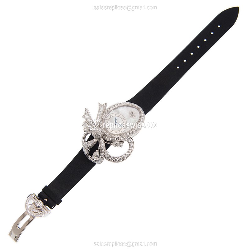 Breguet REINE DE NAPLES Replica - Automatic - 18kt White Gold - Diamond - White Dial - Silk Strap - Black Clasp - View 2