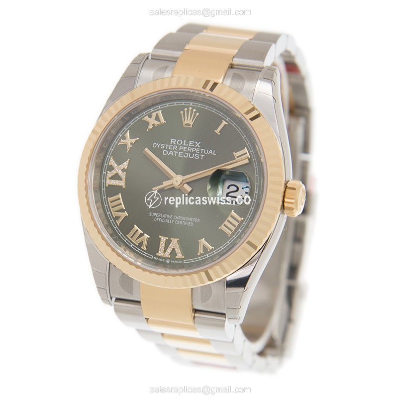 Rolex DATEJUST Replica - Automatic | 18kt Gold & Steel | Green Dial | Clasp - Gold Strap - View 3