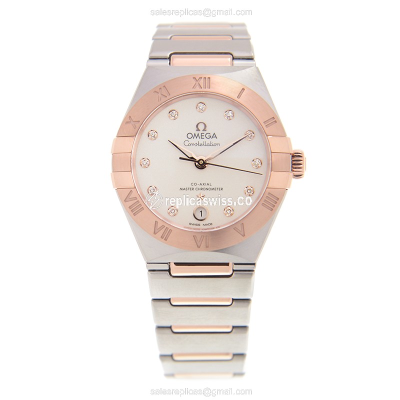 Omega Constellation Replica - Automatic - 18kt Rose & Steel Case - White Dial - Gold Strap - View 2