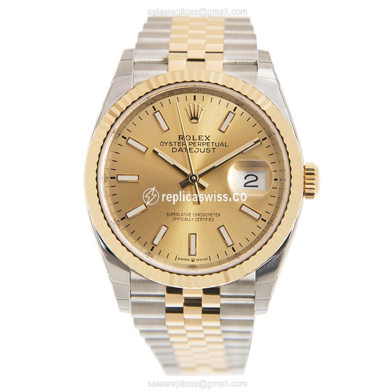 Rolex DATEJUST Replica - Automatic - 18kt Gold & Steel - Gold Dial - Gold Clasp - View 2