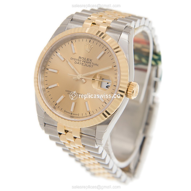 Rolex DATEJUST Replica - Automatic - 18kt Gold & Steel - Gold Dial - Gold Clasp - View 3
