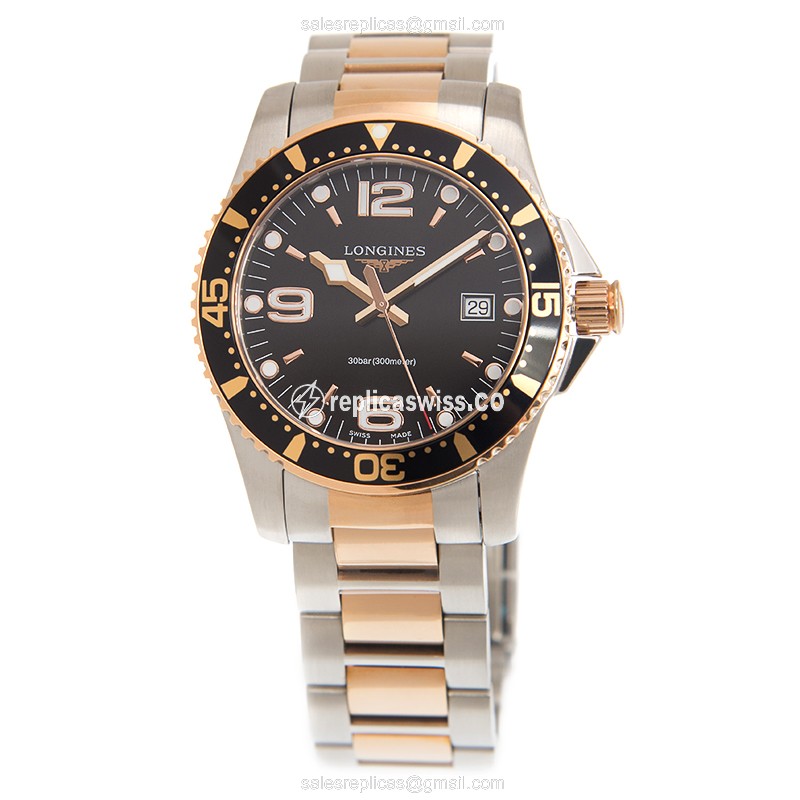 Longines CONQUEST Replica - Quartz - 18kt Rose Gold - Black Dial - Gold Clasp - View 2