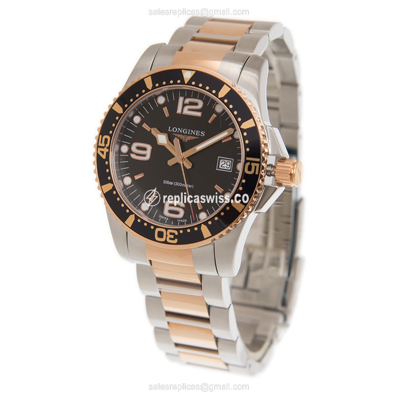 Longines CONQUEST Replica - Quartz - 18kt Rose Gold - Black Dial - Gold Clasp - View 3