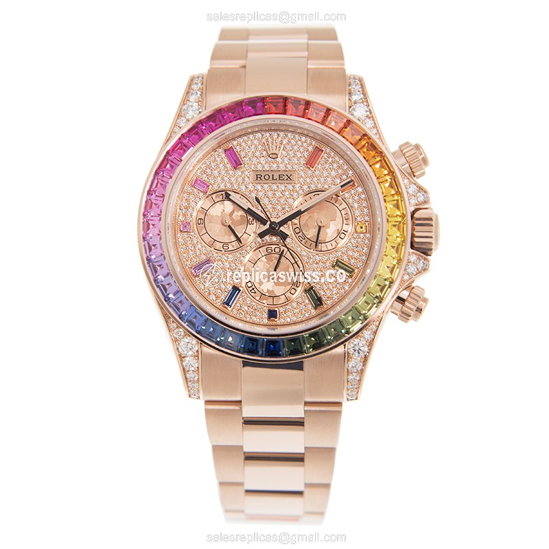 Rolex Daytona Replica - 18kt Rose Gold Case - Gold Dial - Automatic - Diamond Clasp - View 2