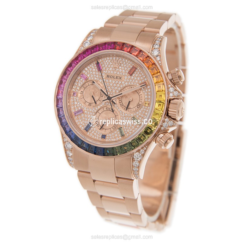 Rolex Daytona Replica - 18kt Rose Gold Case - Gold Dial - Automatic - Diamond Clasp - View 3