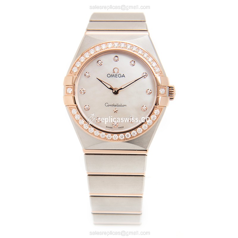 Omega Constellation Replica - Quartz - 18kt Rose - Diamond - White Dial - Gold Clasp - Steel Strap - View 2