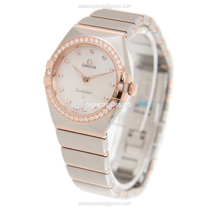 Omega Constellation Replica - Quartz - 18kt Rose - Diamond - White Dial - Gold Clasp - Steel Strap - View 3