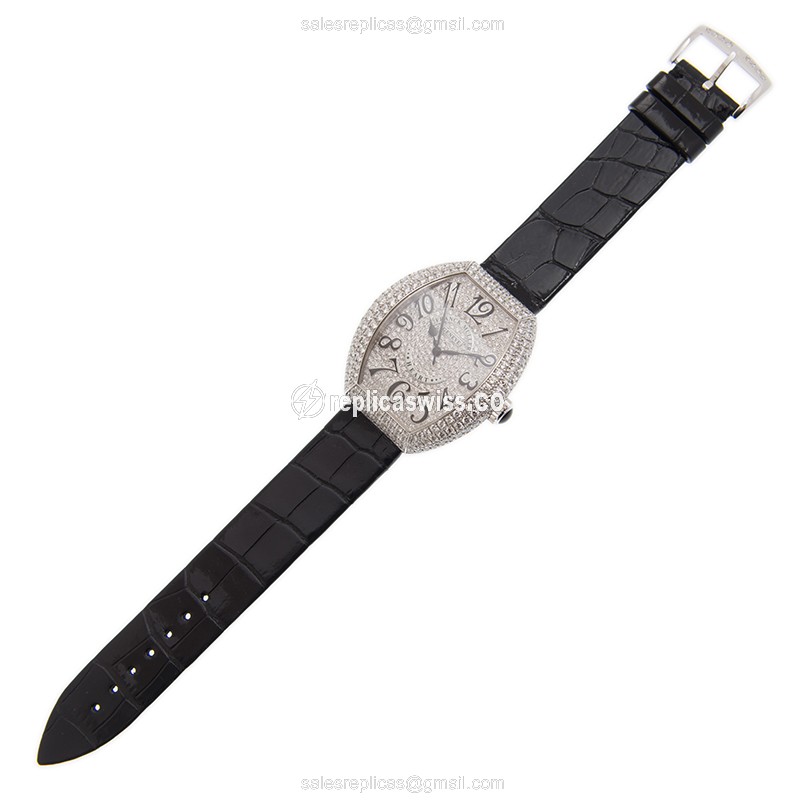 Franck Muller 5000H SC D3 CD OG Ladies - Quartz - 18kt White Gold - Diamond - Black Dial, Leather Strap - View 2