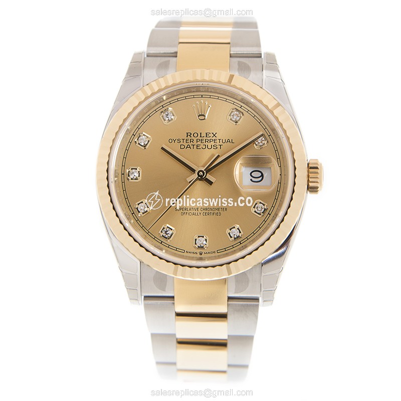 Rolex Datejust Replica - Automatic - 18kt Gold & Steel - Gold Dial - Gold Clasp - View 2