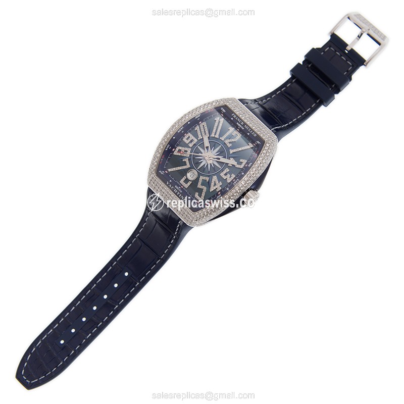 Franck Muller V45 SC DT D NBR CD YACHTING - Automatic - 18kt White Gold - Blue Dial - Diamond - Leather Strap - View 2