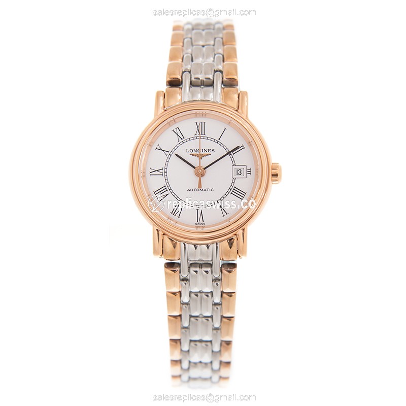 Longines Presence Replica - Automatic - 18kt Rose Gold & Steel Case - White Dial, Gold Clasp & Gold Strap - View 2