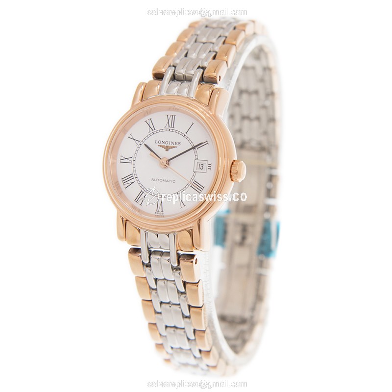 Longines Presence Replica - Automatic - 18kt Rose Gold & Steel Case - White Dial, Gold Clasp & Gold Strap - View 3