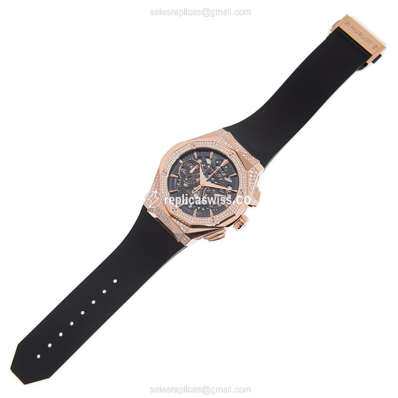 Hublot Classic Fusion Replica - Auto - 18kt Rose Gold - Diamonds - Black Dial - Rubber Strap - View 2