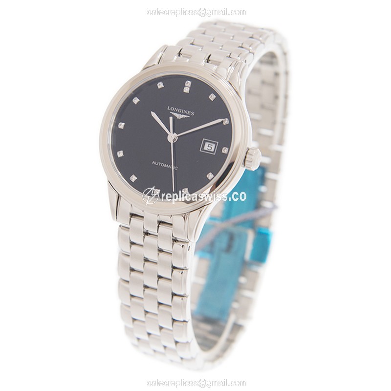 Longines L4.374.4.57.6 Flagship - Automatic - Steel Case - Black Dial on Silver Strap - View 3