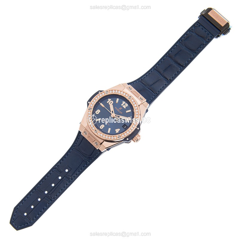 Hublot BIG BANG Replica - Automatic - 18kt Rose Gold - Diamonds - Blue Dial - Leather Strap - View 2