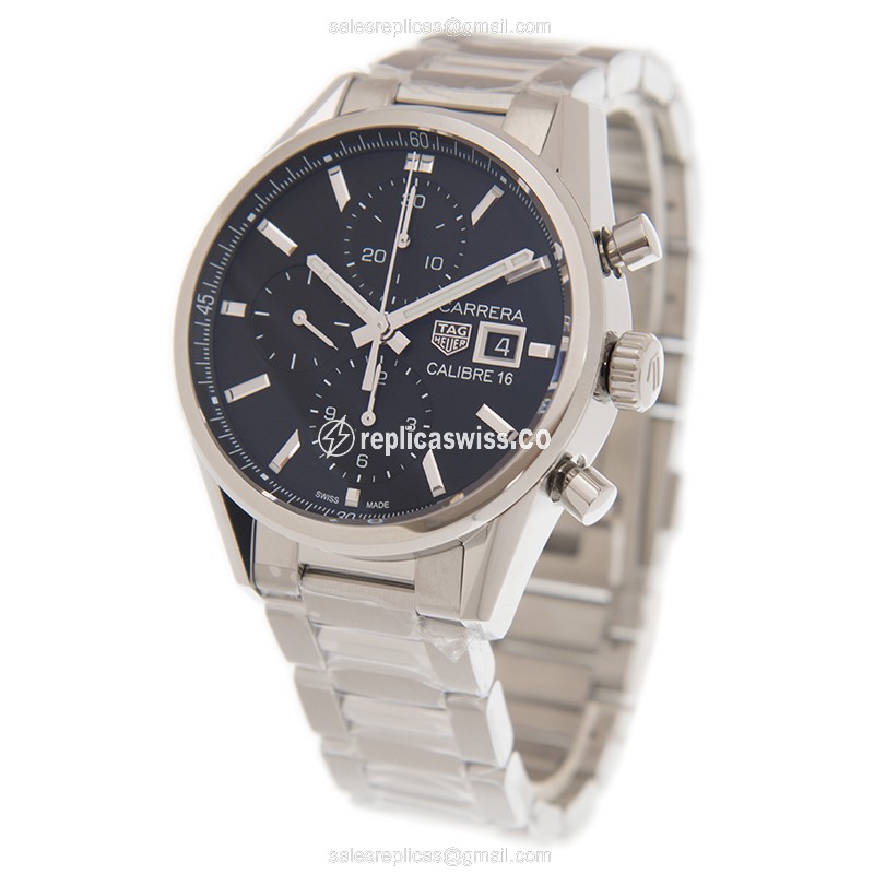 Tag Heuer CARRERA Replica - Automatic - Steel Case - Black Dial - Silver Strap - View 3