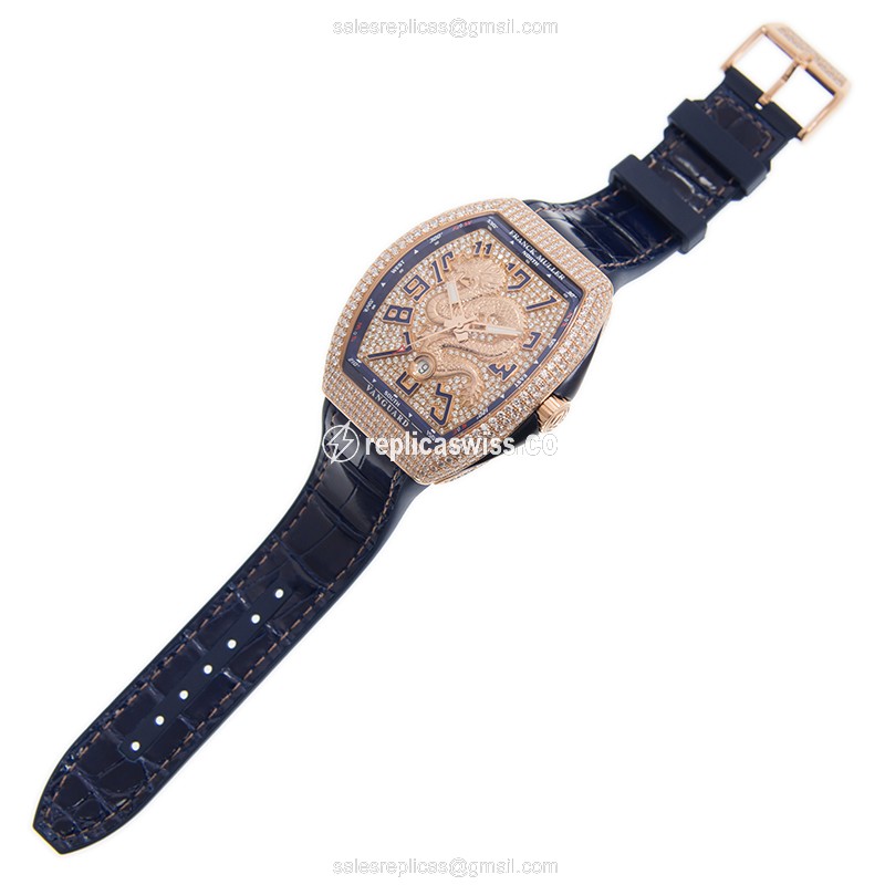Franck Muller V45SC DT D CD Dragon King - 18kt Rose Gold - Diamonds - Automatic - Gold Dial - Blue Alligator Strap - View 2