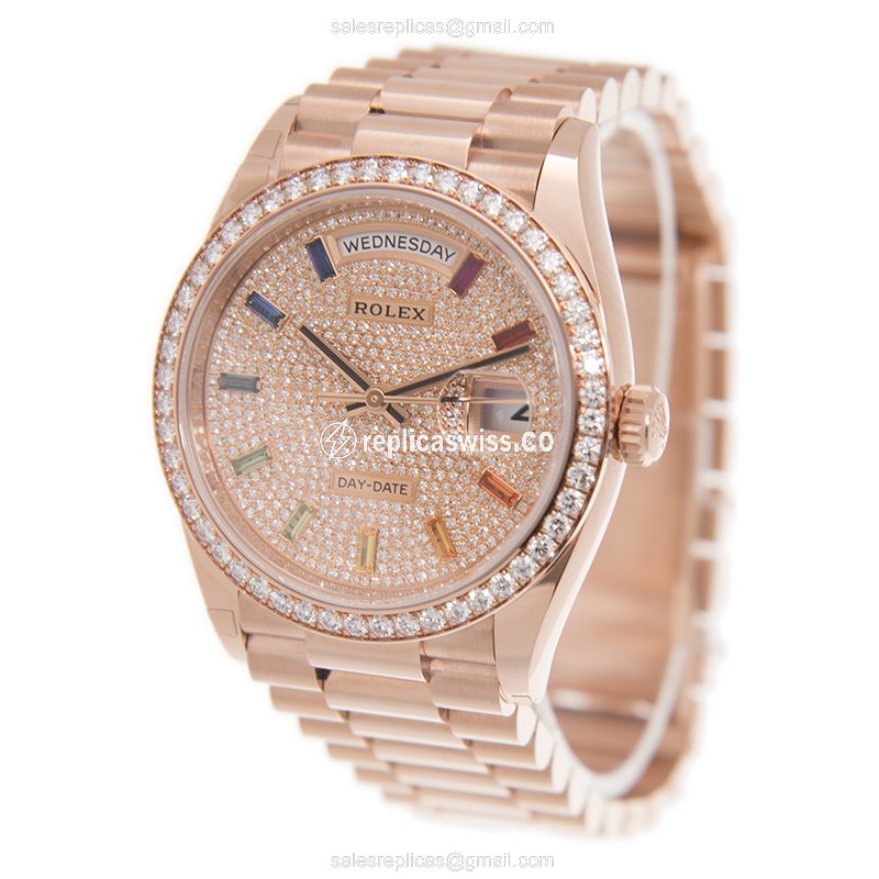 Rolex DAY-DATE Replica - 18kt Rose Gold Case - Automatic - Gold Dial | Pink Gold Strap - View 3