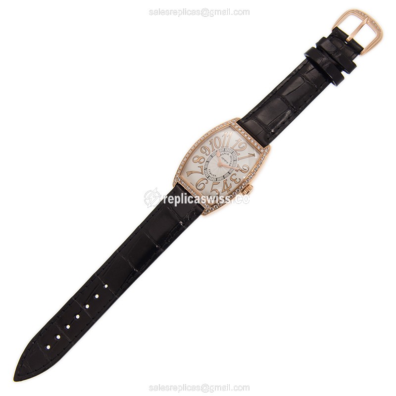Franck Muller 2852 QZ REL D 1R 5N Replica - Quartz - 18kt Rose Gold - Diamonds on Silver Dial - Leather Strap - View 2