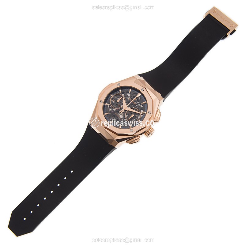 Hublot Classic Fusion Replica - Automatic - 18kt Rose Gold - Skull Dial - Black Rubber Strap - View 2
