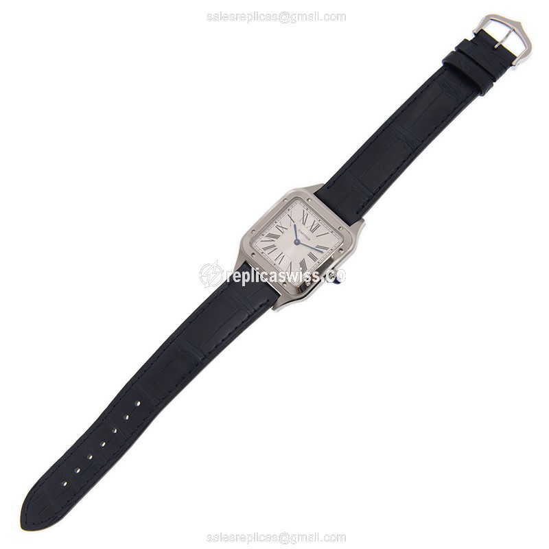 Cartier Santos Quartz - Steel Case - Silver Dial - Blue Alligator Strap - Buckle Clasp - View 2
