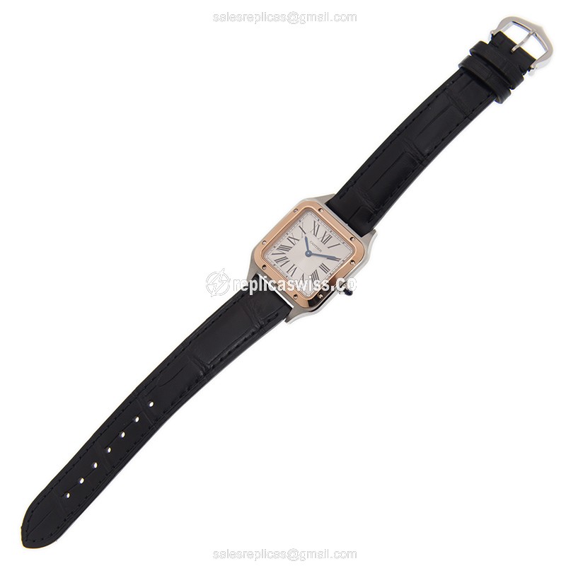 Cartier Santos Replica - Quartz - 18kt Rose Gold - Steel Case - Silver Dial - Black Alligator Strap - View 2