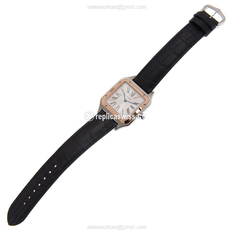 Cartier Santos Replica - Quartz - 18kt Rose Gold & Steel Case - Silver Dial - Black Alligator Strap - View 2