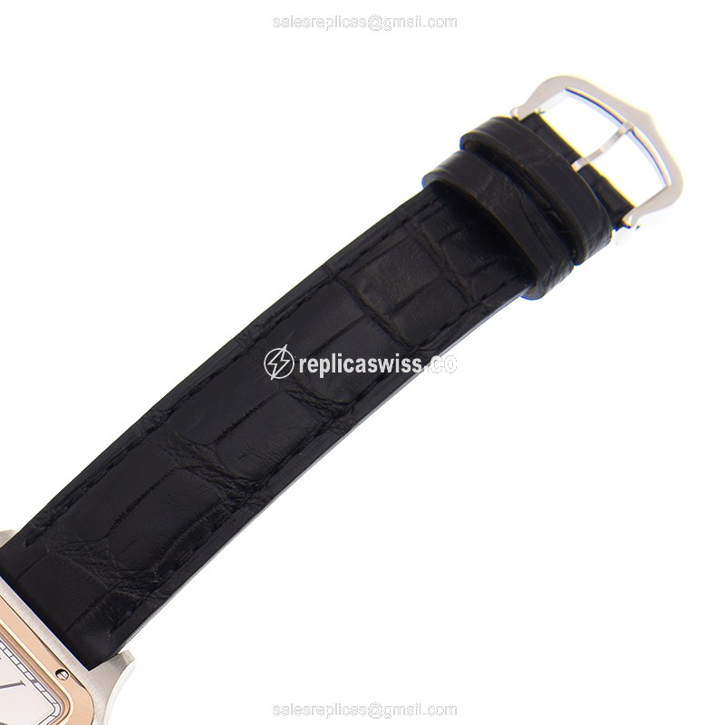 Cartier Santos Replica - Quartz - 18kt Rose Gold & Steel Case - Silver Dial - Black Alligator Strap - View 4