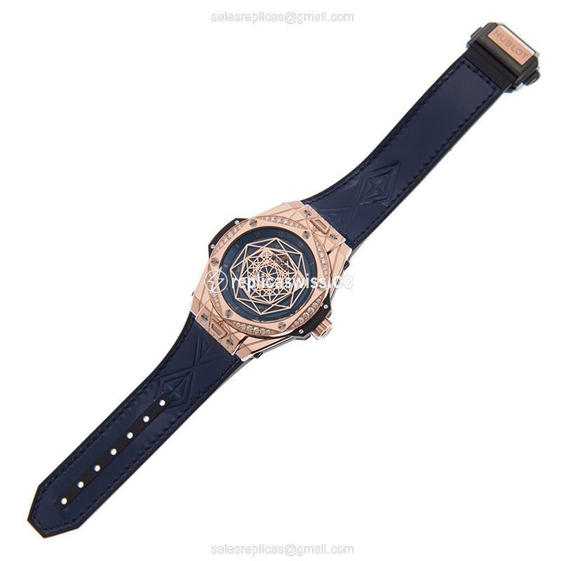 Hublot Big Bang Replica - Auto - 18kt Rose Gold - Diamond Bezel - Blue Dial - Leather Strap - View 2
