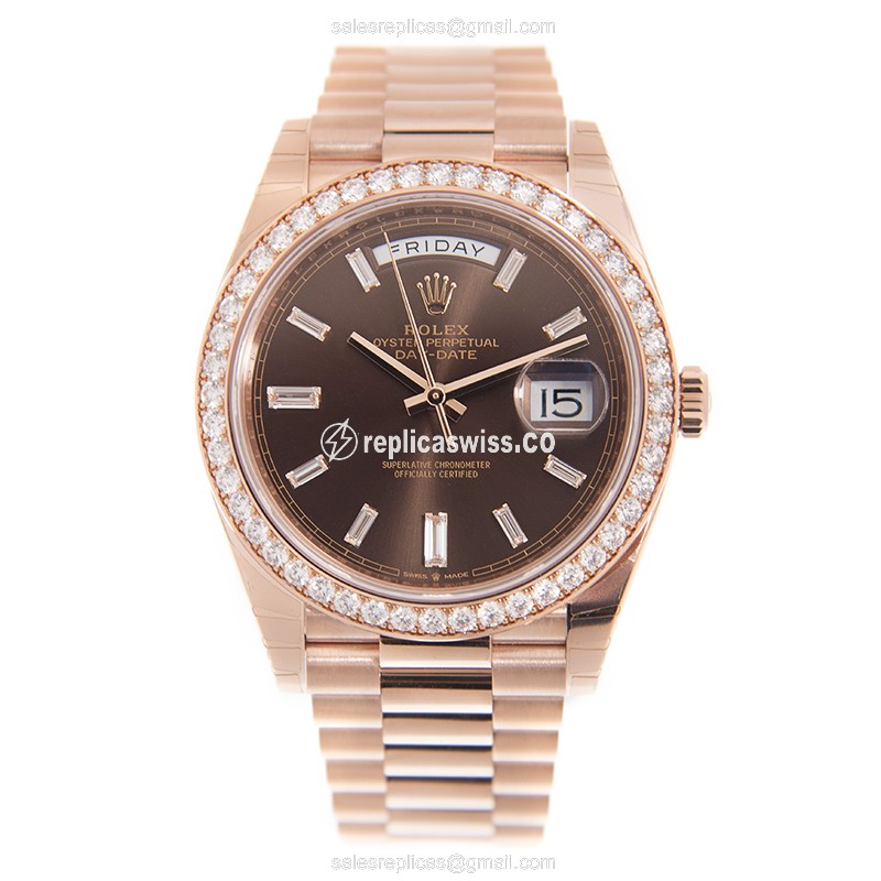 Rolex DAY-DATE Replica - 18kt Rose Gold & Diamond - Automatic - Brown Dial on Gold Strap - View 2