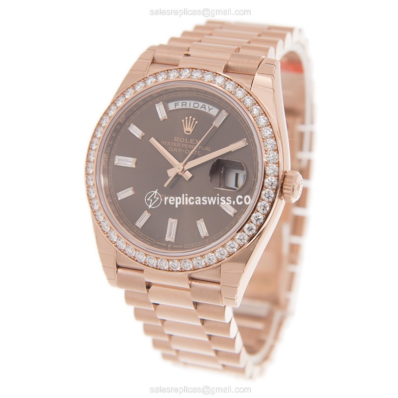 Rolex DAY-DATE Replica - 18kt Rose Gold & Diamond - Automatic - Brown Dial on Gold Strap - View 3