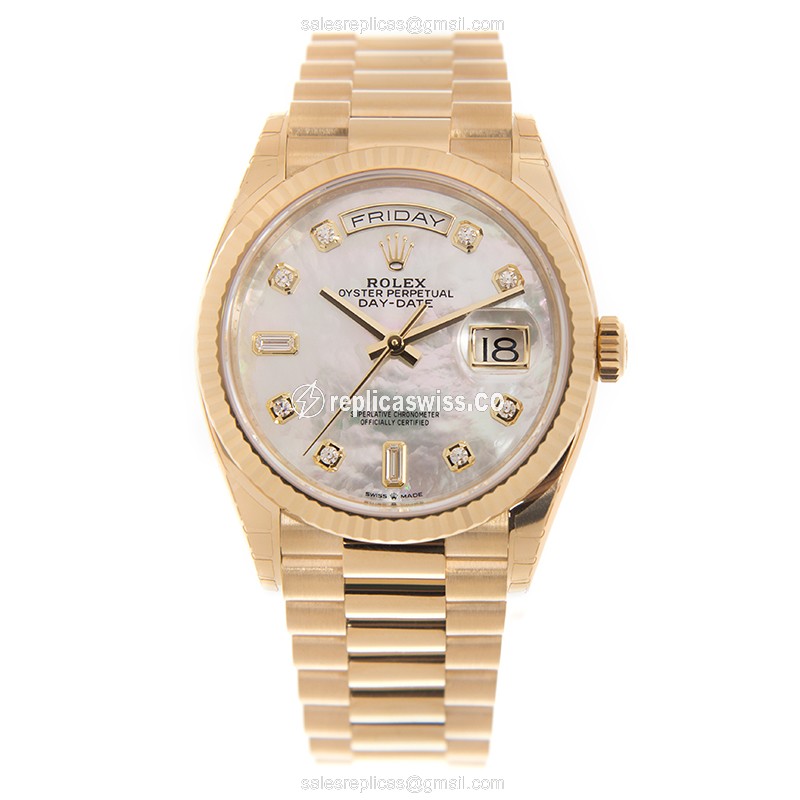 Rolex DAY-DATE Replica - Automatic - 18kt Gold Case - White Dial, Gold Clasp & Strap - View 2