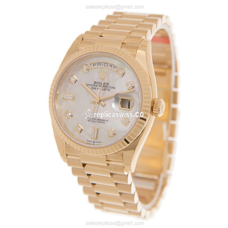 Rolex DAY-DATE Replica - Automatic - 18kt Gold Case - White Dial, Gold Clasp & Strap - View 3