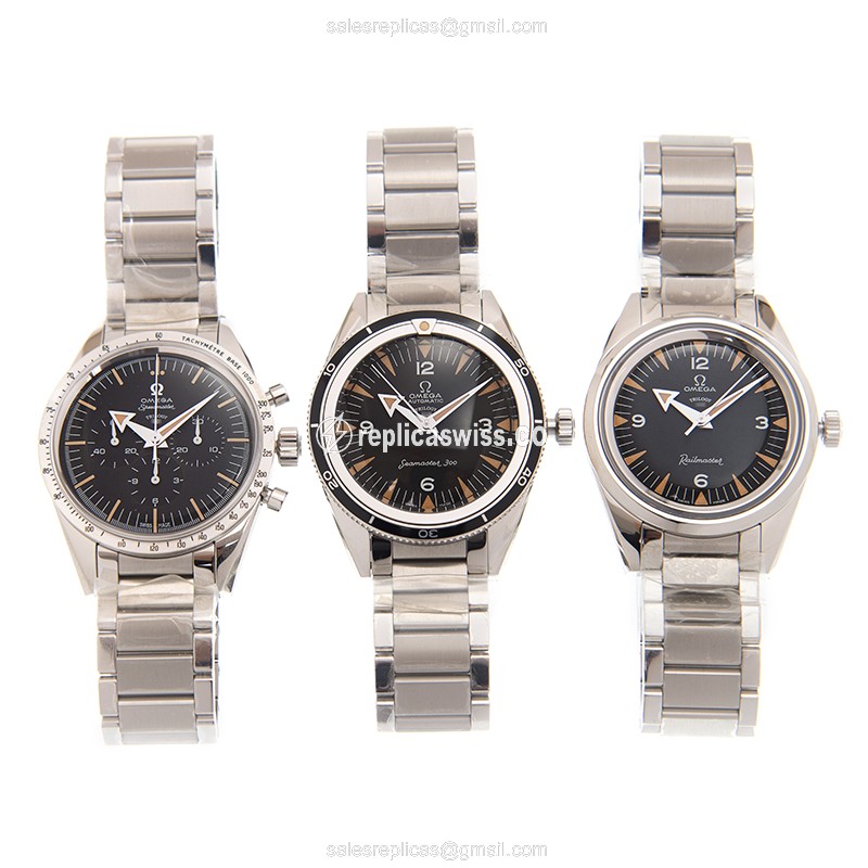 Omega OMEGATRILOGY1957SET Replica - Automatic - Black Dial on Silver Steel Strap - View 2