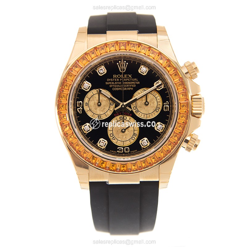 Rolex Daytona Replica - 18kt Gold, Diamond Case - Automatic, Black Dial, Rubber Strap - View 2