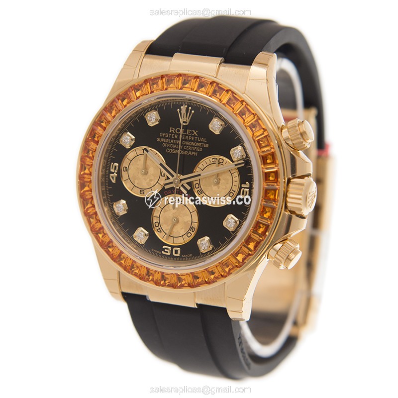 Rolex Daytona Replica - 18kt Gold, Diamond Case - Automatic, Black Dial, Rubber Strap - View 3