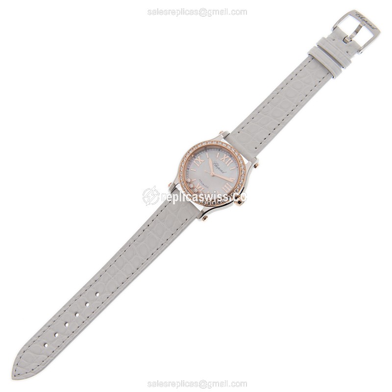 Chopard Happy Sport 278573-6020 Replica - Auto - 18kt Gold & Diamond - White Dial - Alligator White Buckle - View 2