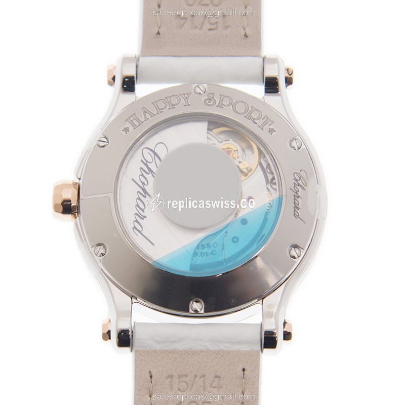 Chopard Happy Sport 278573-6020 Replica - Auto - 18kt Gold & Diamond - White Dial - Alligator White Buckle - View 3