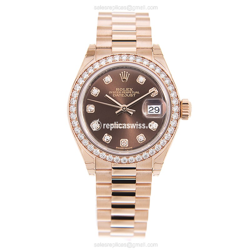 Rolex Datejust Replica - Automatic - 18kt Rose Gold Case - Diamonds - Brown Dial - View 2