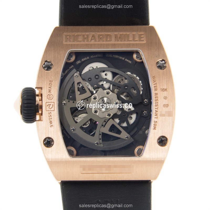 Richard Mille RM023 Replica - Automatic - Rose Gold Case - Diamonds - Silver Dial - Black Cowhide Strap - View 3