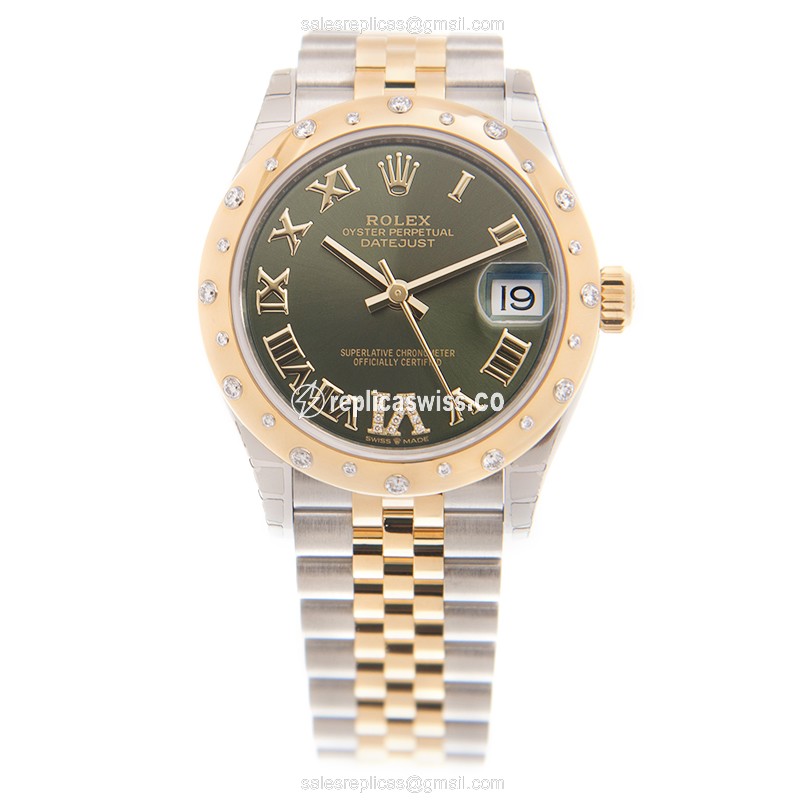 Rolex Datejust Replica - Automatic - 18kt Gold & Diamond - Green Dial - Gold Strap - View 2