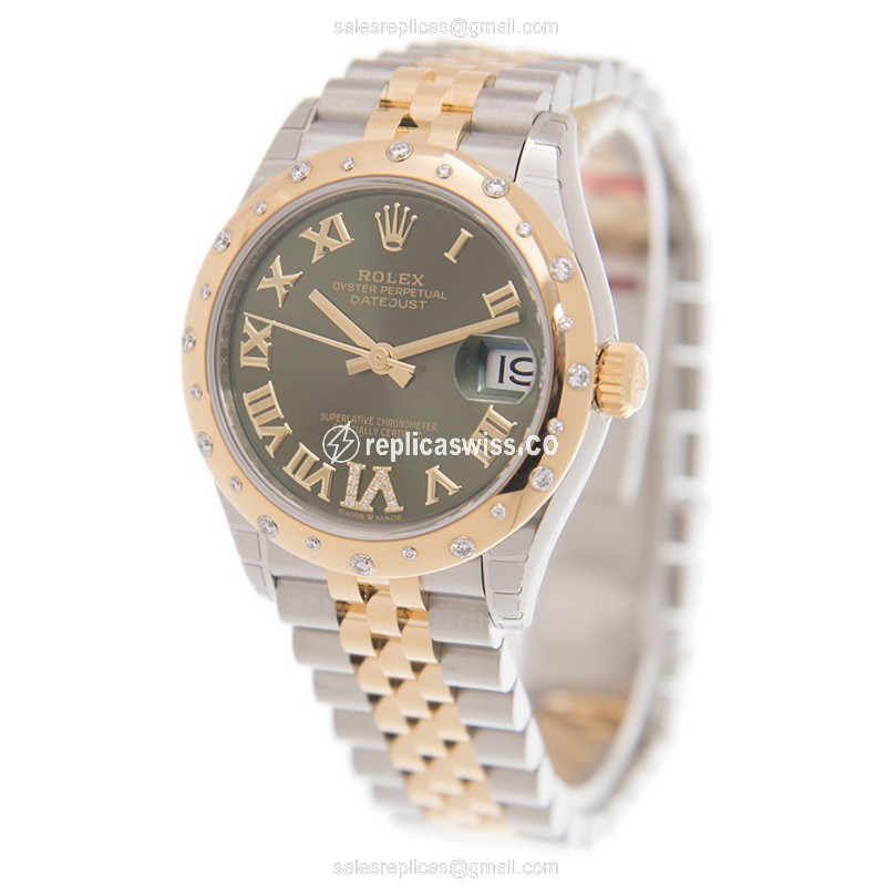 Rolex Datejust Replica - Automatic - 18kt Gold & Diamond - Green Dial - Gold Strap - View 3
